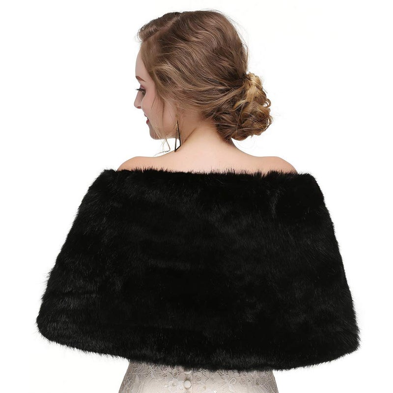 Haloty Women's Bride Wedding Faux Fur Shawl: 1920s Bridal Fur Stole & Wraps - Black - Image 3