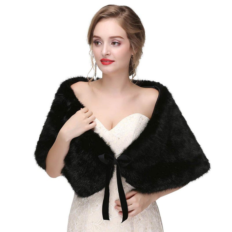 Haloty Women's Bride Wedding Faux Fur Shawl: 1920s Bridal Fur Stole & Wraps - Black - Image 2