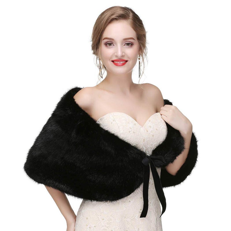 Haloty Women's Bride Wedding Faux Fur Shawl: 1920s Bridal Fur Stole & Wraps - Black - Image 4