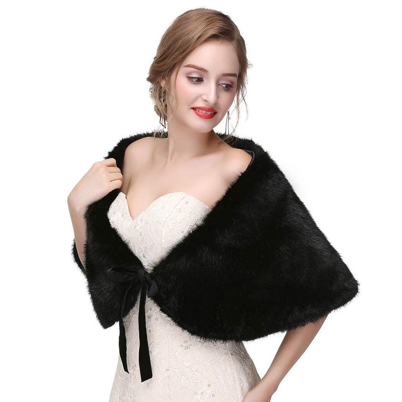 Haloty Women's Bride Wedding Faux Fur Shawl: 1920s Bridal Fur Stole & Wraps - Black - Image 5