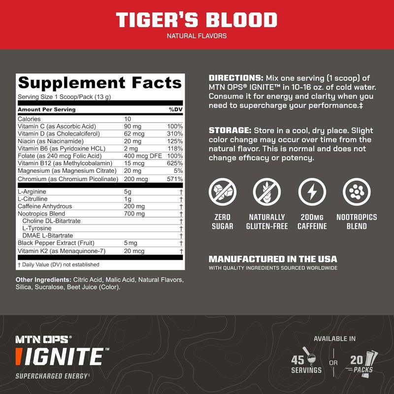 MTN OPS Ignite Trail Packs Supercharged Energy Drink Mix Tigers Blood Tigers Blood - Image 3