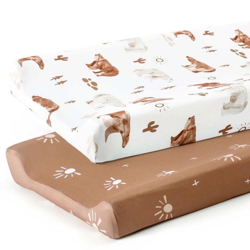 GRSSDER Stretch Ultra Soft Jersey Knit Changing Pad Cover Set 2 Pack, Change Table Pad Covers Fit 32"/34" x 16" Pads Safe and Snug, Cute Diaper Changing Pad Covers of Sunny Bear Print - Image 1