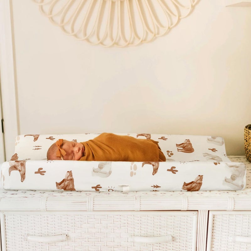GRSSDER Stretch Ultra Soft Jersey Knit Changing Pad Cover Set 2 Pack, Change Table Pad Covers Fit 32"/34" x 16" Pads Safe and Snug, Cute Diaper Changing Pad Covers of Sunny Bear Print - Image 3