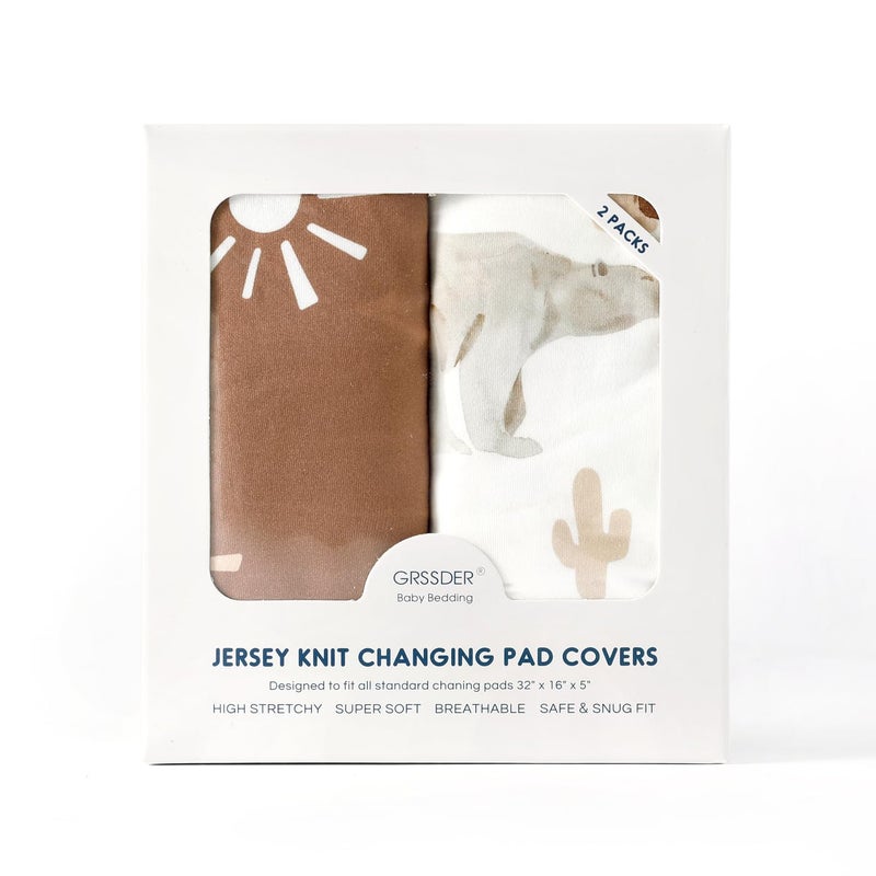 GRSSDER Stretch Ultra Soft Jersey Knit Changing Pad Cover Set 2 Pack, Change Table Pad Covers Fit 32"/34" x 16" Pads Safe and Snug, Cute Diaper Changing Pad Covers of Sunny Bear Print - Image 4