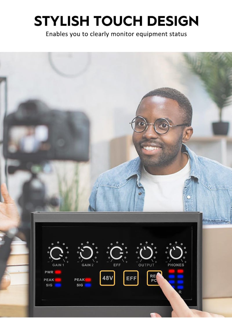 Audio Interface 2x2Computer Professional Audio Interface USB 2.0 with Touch Model Bit 48 kHz Music Interface with 48V Phantom Power for Live Streaming Podcasting Audio Interface for Mac PC