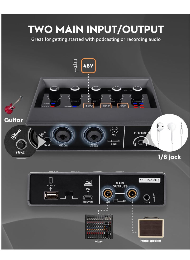 Audio Interface 2x2Computer Professional Audio Interface USB 2.0 with Touch Model Bit 48 kHz Music Interface with 48V Phantom Power for Live Streaming Podcasting Audio Interface for Mac PC