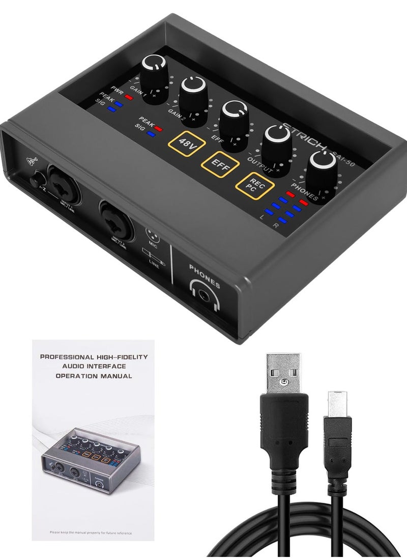 Audio Interface 2x2Computer Professional Audio Interface USB 2.0 with Touch Model Bit 48 kHz Music Interface with 48V Phantom Power for Live Streaming Podcasting Audio Interface for Mac PC