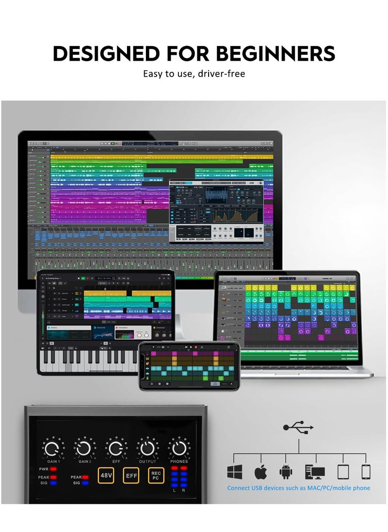 Audio Interface 2x2Computer Professional Audio Interface USB 2.0 with Touch Model Bit 48 kHz Music Interface with 48V Phantom Power for Live Streaming Podcasting Audio Interface for Mac PC