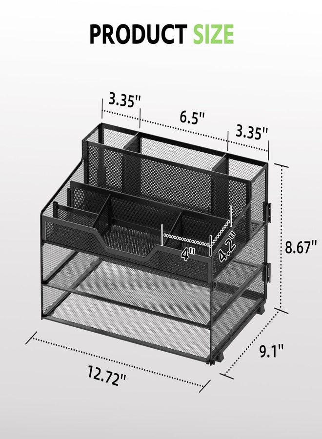 SUPEASY 3 Tier Desk Organizer, Mesh Letter Tray Paper Organizer with 5 Adjustable Storage Compartments & Pen Holder, Metal Desk Accessories for Home Office School, Black - Image 3