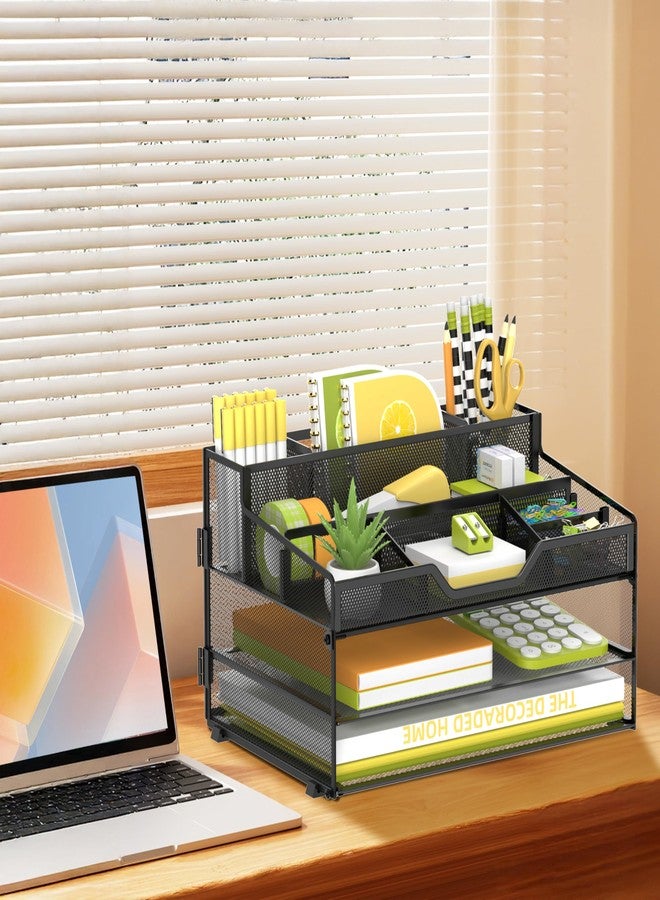SUPEASY 3 Tier Desk Organizer, Mesh Letter Tray Paper Organizer with 5 Adjustable Storage Compartments & Pen Holder, Metal Desk Accessories for Home Office School, Black - Image 2