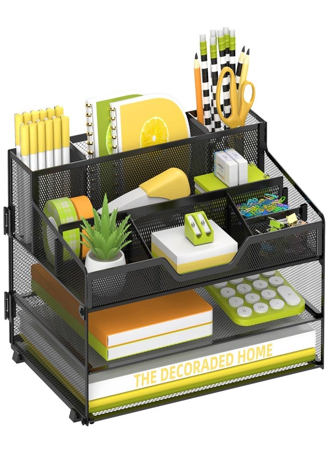 SUPEASY 3 Tier Desk Organizer, Mesh Letter Tray Paper Organizer with 5 Adjustable Storage Compartments & Pen Holder, Metal Desk Accessories for Home Office School, Black - Image 1
