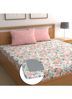DREAMLET DREAMLET Prime Collections 180TC Glace Cotton Breathable Supersoft Wrinkelfree Double Fitted Bedsheet with 2 King Size Pillow Covers Pink Multi Fitted  - Image 1