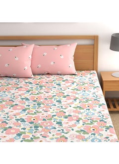 DREAMLET DREAMLET Prime Collections 180TC Glace Cotton Breathable Supersoft Wrinkelfree Double Fitted Bedsheet with 2 King Size Pillow Covers Pink Multi Fitted  - Image 4