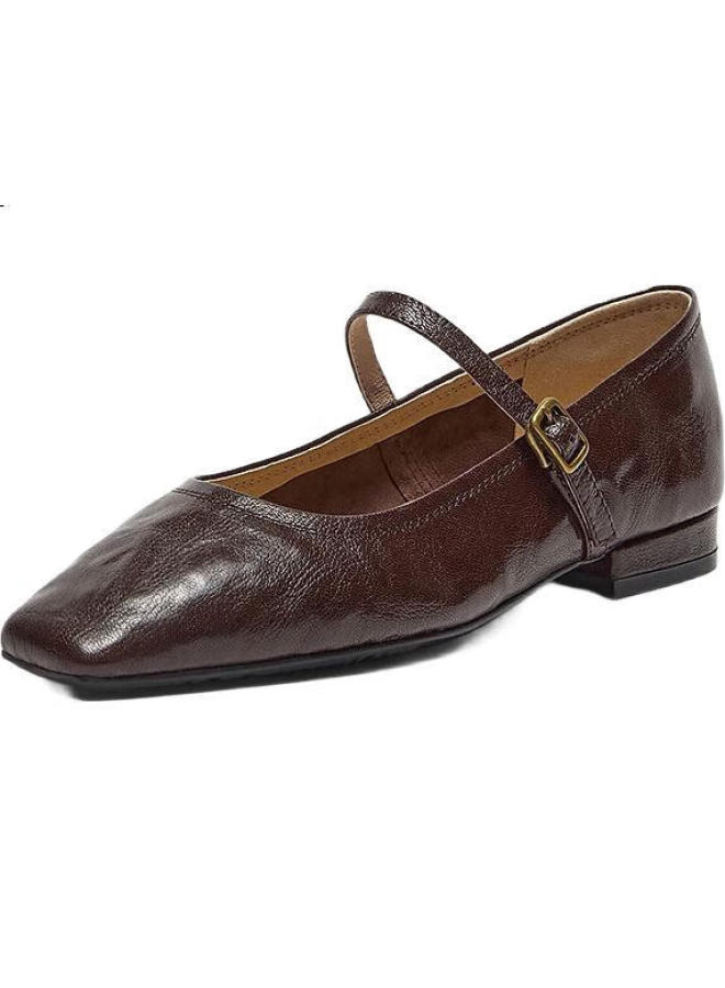 Bata Sheepskin Mary Jane Flats For Women, Spring Vintage Elegant Versatile Single Shoes 7091Aaq5, Dark Brown, Size 35 - Image 1