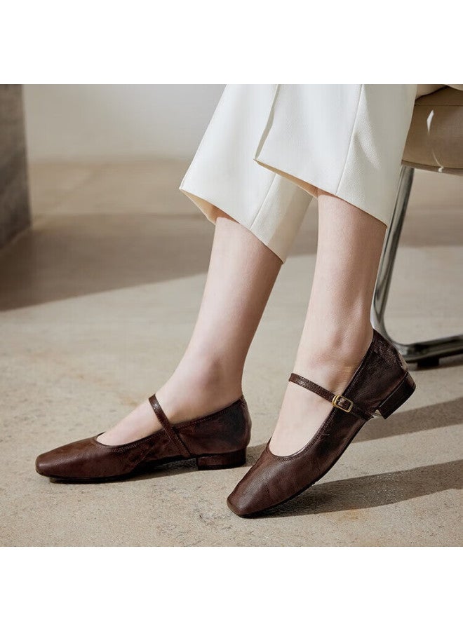 Bata Sheepskin Mary Jane Flats For Women, Spring Vintage Elegant Versatile Single Shoes 7091aaq5, Dark Brown, Size 35 - Image 1