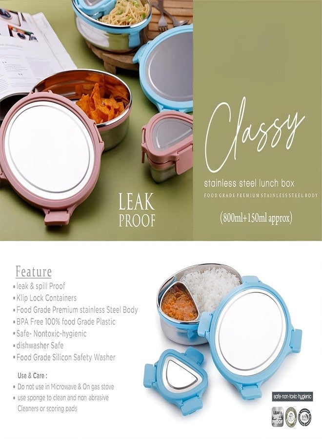 Gcrox Classy Lunch Box, Leakproof Elegant Oval & Triangle Shape Containers Dabba for School - Stainless Steel Airtight 2 Container Easy to Carry Tiffin with Clip Lock Lid for Office (Multicolour) - Image 4