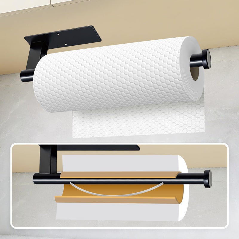 OBODING Paper Towel Holder Under Cabinet, Single Hand Operable Tearing Off Paper Towels with Damping Effect, Both Available in Adhesive and Screws, Stainless Steel (Black) - Image 4