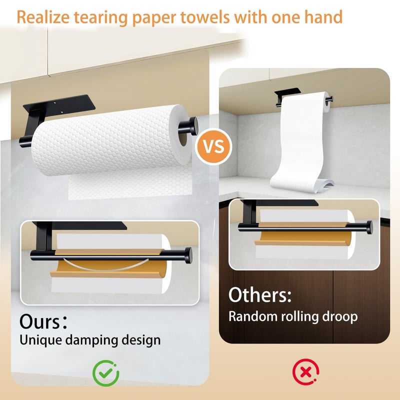 OBODING Paper Towel Holder Under Cabinet, Single Hand Operable Tearing Off Paper Towels with Damping Effect, Both Available in Adhesive and Screws, Stainless Steel (Black) - Image 5
