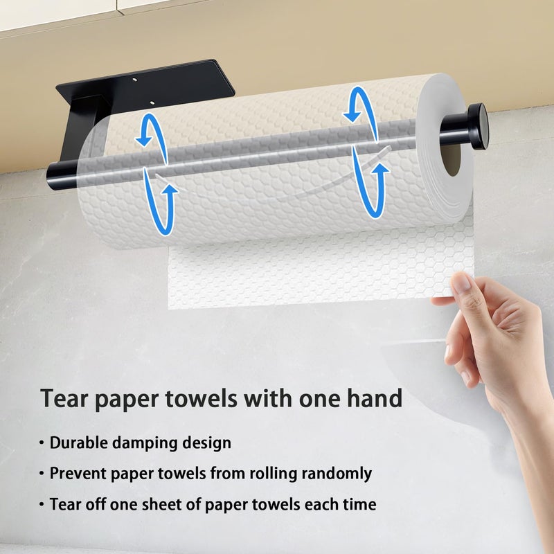 OBODING Paper Towel Holder Under Cabinet, Single Hand Operable Tearing Off Paper Towels with Damping Effect, Both Available in Adhesive and Screws, Stainless Steel (Black) - Image 3