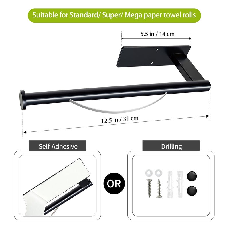 OBODING Paper Towel Holder Under Cabinet, Single Hand Operable Tearing Off Paper Towels with Damping Effect, Both Available in Adhesive and Screws, Stainless Steel (Black) - Image 2