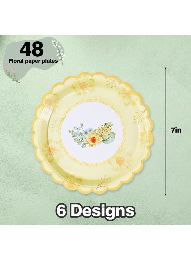 Tyzarglef Floral Paper Plates for Party Supplies, 48 Count Disposable Dessert Cake Plates for Birthday Baby Shower Cocktail Decorations 7 inch - Image 2