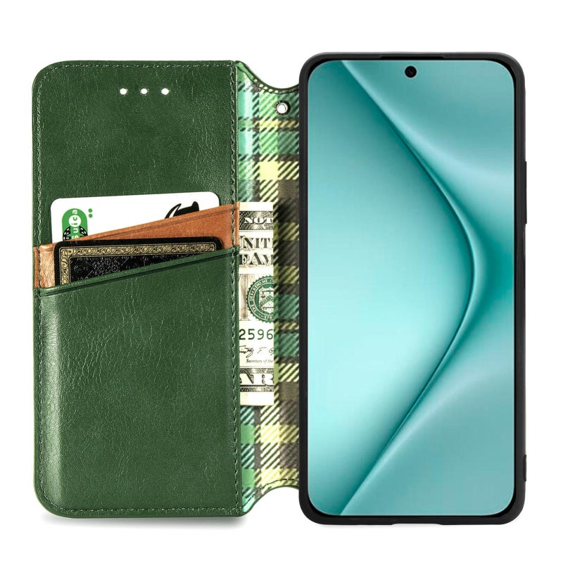 HuHa Protective Cover For Huawei Pura 70 Ultra Cubic Grid Pressed Magnetic Leather Phone Case(Green) - Image 3