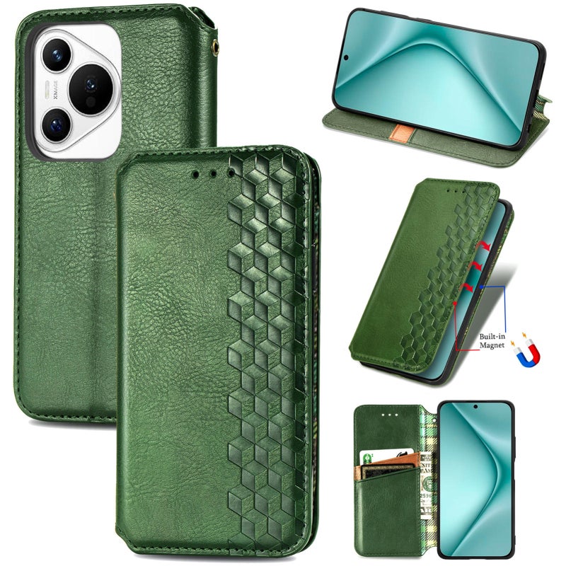HuHa Protective Cover For Huawei Pura 70 Ultra Cubic Grid Pressed Magnetic Leather Phone Case(Green) - Image 1