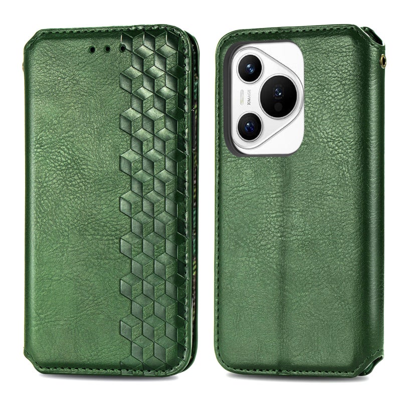 HuHa Protective Cover For Huawei Pura 70 Ultra Cubic Grid Pressed Magnetic Leather Phone Case(Green) - Image 2