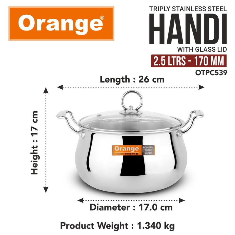 Orange Stainless Steel Triply Cook & Serve Handi/Biryani Pot/Stock Pot/Casserole with Glass lid 2.5L Capacity 17 cm | 2.5mm Thickness with Heavy Bottom | Induction cooktop Friendly | 5 Year Warranty - Image 3
