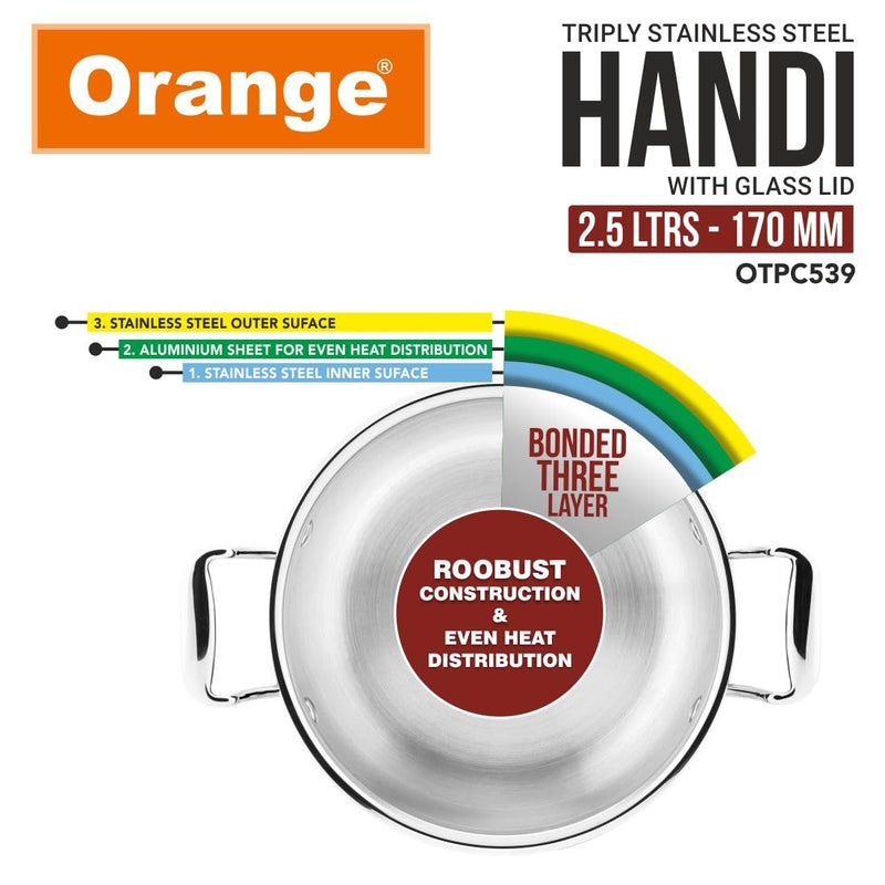 Orange Stainless Steel Triply Cook & Serve Handi/Biryani Pot/Stock Pot/Casserole with Glass lid 2.5L Capacity 17 cm | 2.5mm Thickness with Heavy Bottom | Induction cooktop Friendly | 5 Year Warranty - Image 4