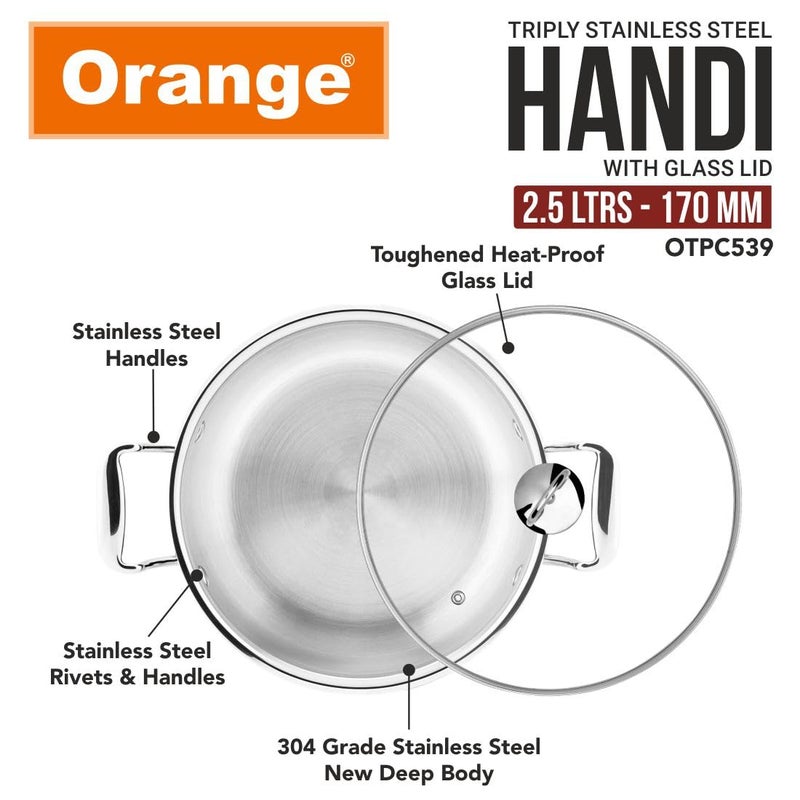 Orange Stainless Steel Triply Cook & Serve Handi/Biryani Pot/Stock Pot/Casserole with Glass lid 2.5L Capacity 17 cm | 2.5mm Thickness with Heavy Bottom | Induction cooktop Friendly | 5 Year Warranty - Image 5