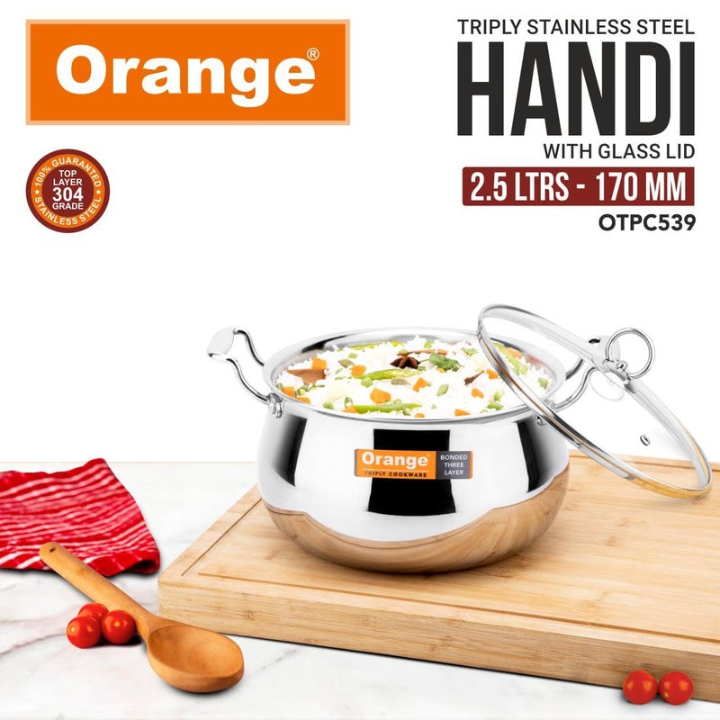 Orange Stainless Steel Triply Cook & Serve Handi/Biryani Pot/Stock Pot/Casserole with Glass lid 2.5L Capacity 17 cm | 2.5mm Thickness with Heavy Bottom | Induction cooktop Friendly | 5 Year Warranty - Image 2
