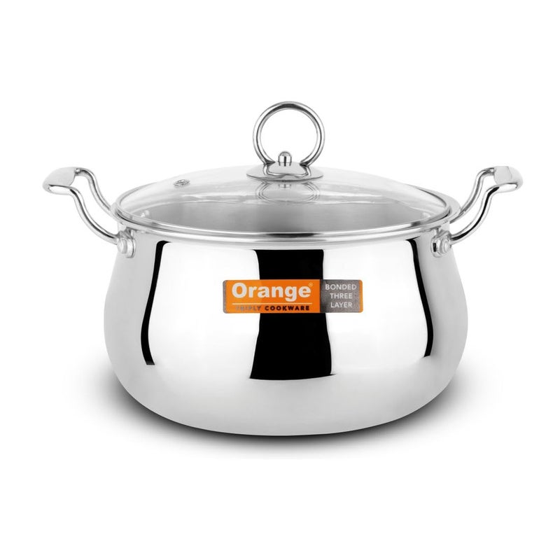 Orange Stainless Steel Triply Cook & Serve Handi/Biryani Pot/Stock Pot/Casserole with Glass lid 2.5L Capacity 17 cm | 2.5mm Thickness with Heavy Bottom | Induction cooktop Friendly | 5 Year Warranty - Image 1
