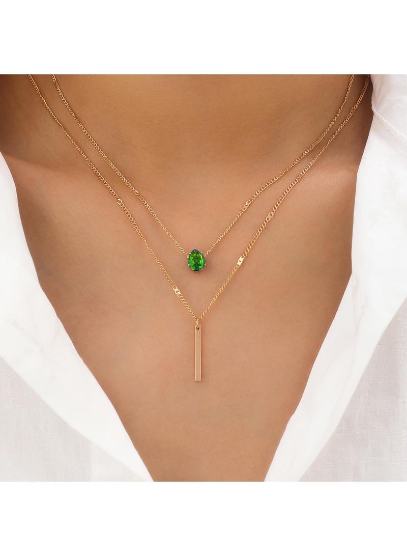 2-piece Fashion personality double layered necklace diamond pendant fringe chain golden/green