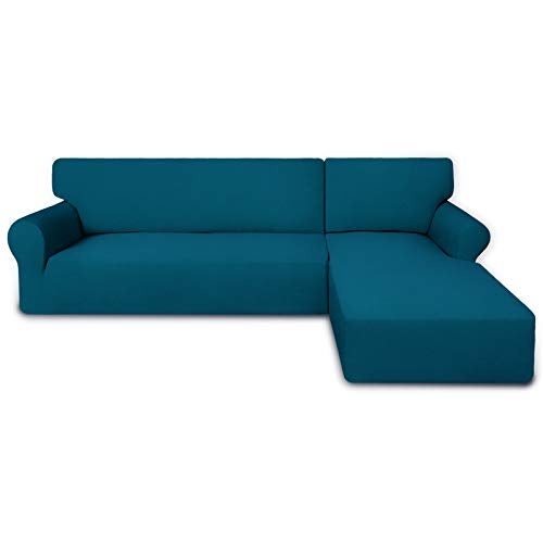 PureFit Super Stretch Sectional Couch Covers - 2 pcs Spandex Non Slip Sofa Covers with Elastic Bottom for L Shape Sectional Sofa Couch, Great for Kid & Pet (3 Seat Sofa + 3 Seat Chaise, Peacock Blue) - Image 1