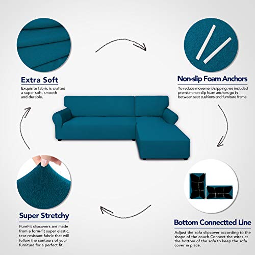 PureFit Super Stretch Sectional Couch Covers - 2 pcs Spandex Non Slip Sofa Covers with Elastic Bottom for L Shape Sectional Sofa Couch, Great for Kid & Pet (3 Seat Sofa + 3 Seat Chaise, Peacock Blue) - Image 3