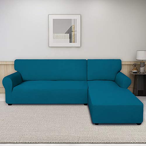 PureFit Super Stretch Sectional Couch Covers - 2 pcs Spandex Non Slip Sofa Covers with Elastic Bottom for L Shape Sectional Sofa Couch, Great for Kid & Pet (3 Seat Sofa + 3 Seat Chaise, Peacock Blue) - Image 2
