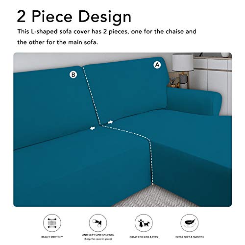 PureFit Super Stretch Sectional Couch Covers - 2 pcs Spandex Non Slip Sofa Covers with Elastic Bottom for L Shape Sectional Sofa Couch, Great for Kid & Pet (3 Seat Sofa + 3 Seat Chaise, Peacock Blue) - Image 5