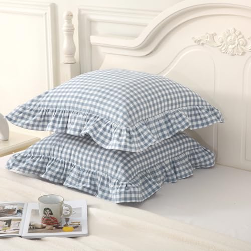 Silnuo Light Blue Plaid Ruffle Throw Pillow Covers Set of 2,Washed Cotton Shabby Checkered Gingham Pillow Shams Decorative Shams 24"x24" for Sofa,Couch,Liviing Room - Image 5