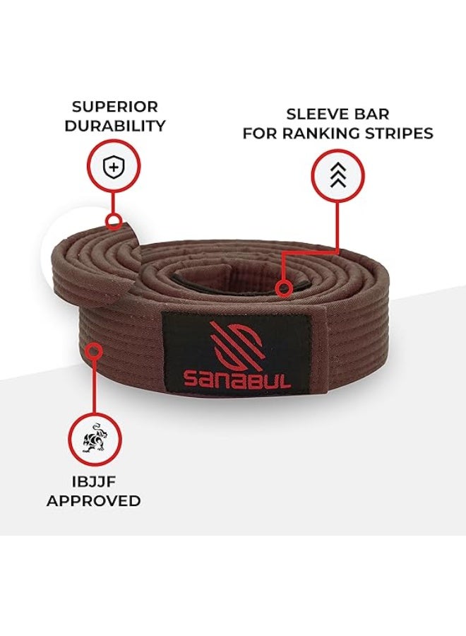 Sanabul  BJJ Belt Men & Women | Brazilian Jiu Jitsu Belt with Ranking Stripes Sleeve Bar | Kids Jiu Jitsu Gi | IBJJF Approved (Brown,A0) - Image 4
