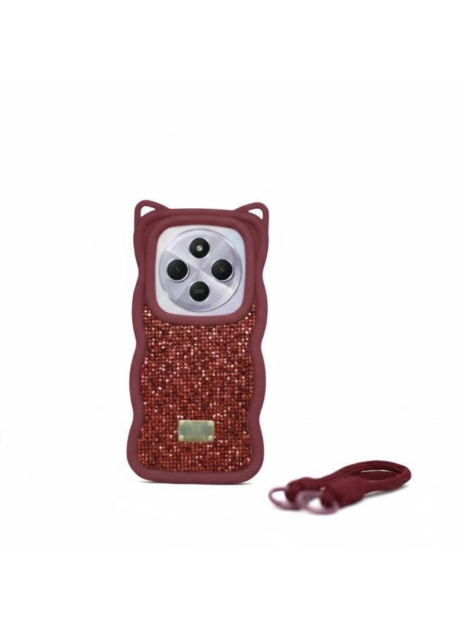 جراب سيليكون ماسي مع بطانة مخملية مشمسة، لهاتف Redmi 14C (أحمر نبيذي)