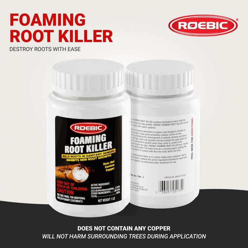 Roebic FRK Foaming Tree Root Killer, Chemical Septic System, Drain Field and Sewer Line Pipe Clog Remover and Root Destroyer, Safe for Bathroom Toilet, White Granules, 1 lb - Image 2