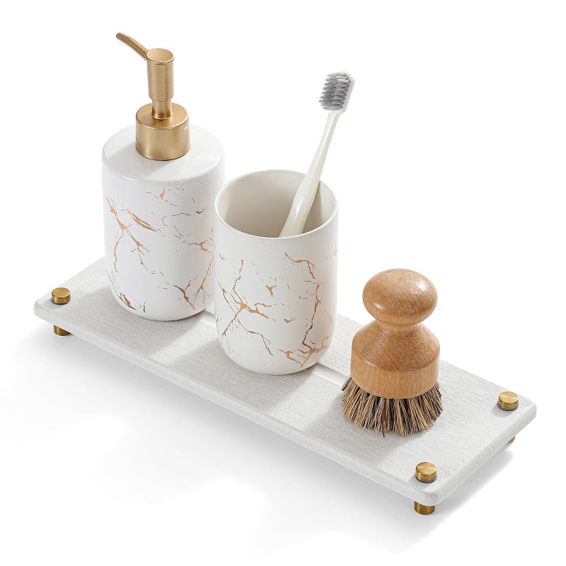 Razborci Water Absorbing Stone Sink Caddy Kitchen Sink Organizer Tray, Diatomite Bathroom Counter Tray, Gold Faucet Drying Mat Coaster Soap Dish Rack Riser Dispenser Sponge Holder, Beige 12.5" x 4.5" - Image 1