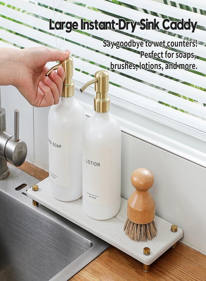 Razborci Water Absorbing Stone Sink Caddy Kitchen Sink Organizer Tray, Diatomite Bathroom Counter Tray, Gold Faucet Drying Mat Coaster Soap Dish Rack Riser Dispenser Sponge Holder, Beige 12.5" x 4.5" - Image 4