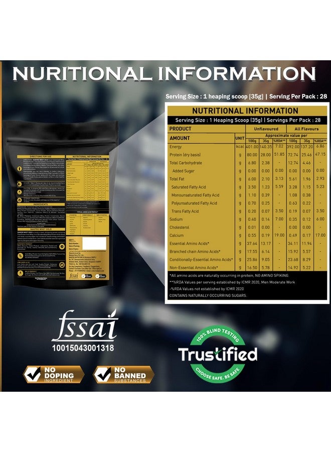 NAKPRO Gold Whey Protein Concentrate 80%, 1kg Unflavoured | 28g Protein, 6.2g BCAA | Trustified Certified 100% Authentic Supplement Powder & No Adulteration | Fast Absorbing Whey Protein Powder - Image 3