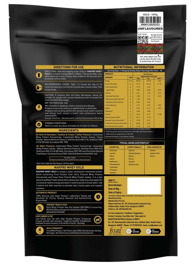 NAKPRO Gold Whey Protein Concentrate 80%, 1kg Unflavoured | 28g Protein, 6.2g BCAA | Trustified Certified 100% Authentic Supplement Powder & No Adulteration | Fast Absorbing Whey Protein Powder - Image 2