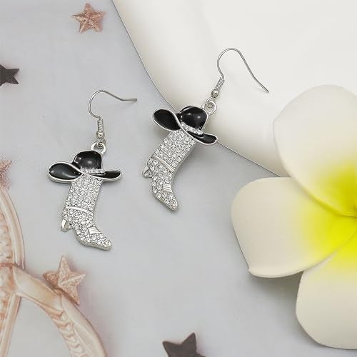 RechicGu Rhinestone Western Boots Earrings Cowgirl Cowboy Enamel Hat Bohemian Rodeo Boot Drop Dangle Earrings for Women Girls Gift Black Hat - Image 5