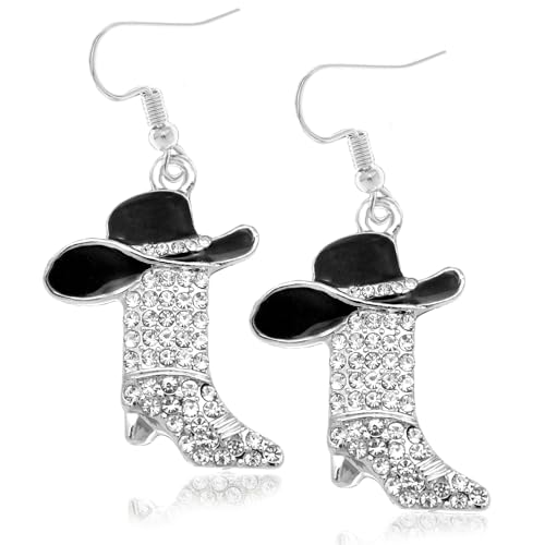 RechicGu Rhinestone Western Boots Earrings Cowgirl Cowboy Enamel Hat Bohemian Rodeo Boot Drop Dangle Earrings for Women Girls Gift Black Hat - Image 1