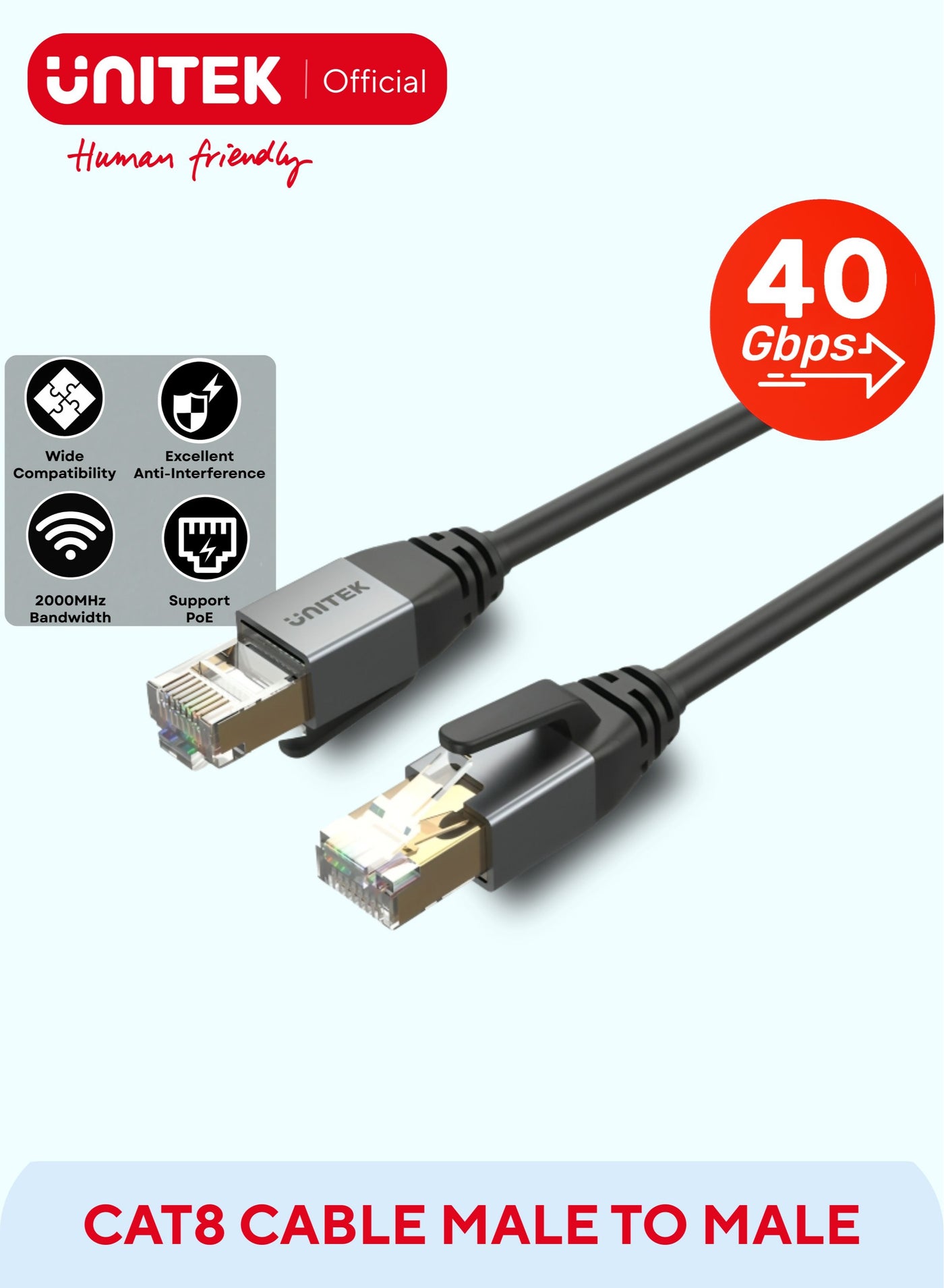 UNITEK Ethernet Cable Cat8 Network Cable Gigabit RJ45 26AWG 2000Mhz Wire Double Shielded. Compatible for PC Laptop Router Modem Mac Switch PS5 PS4 Smart TV BlackCat 8 Male to Male Network Cable, OD: 6.8MM, Oxygen-Free Copper, Black, Round Cable.