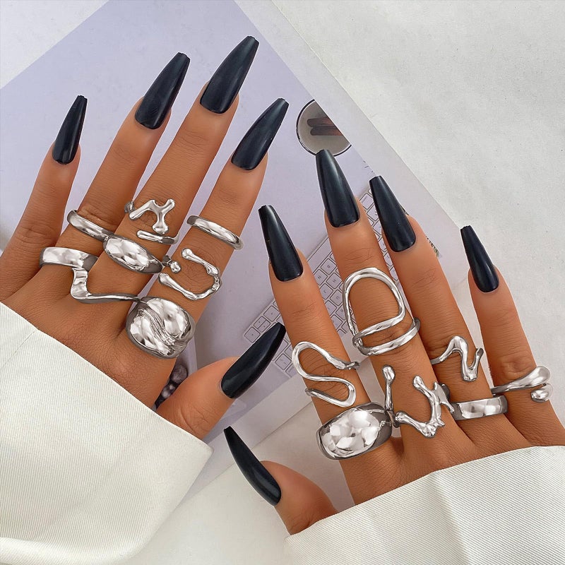 17IF 10-15 Pcs Silver Ring Set for Women Chunky Classic Dainty Boho Aesthetic Punk Thick Line Beig Size Simple Stacking on Thumb Knuckle Rings Pack (15Cool, Silver) - Image 4